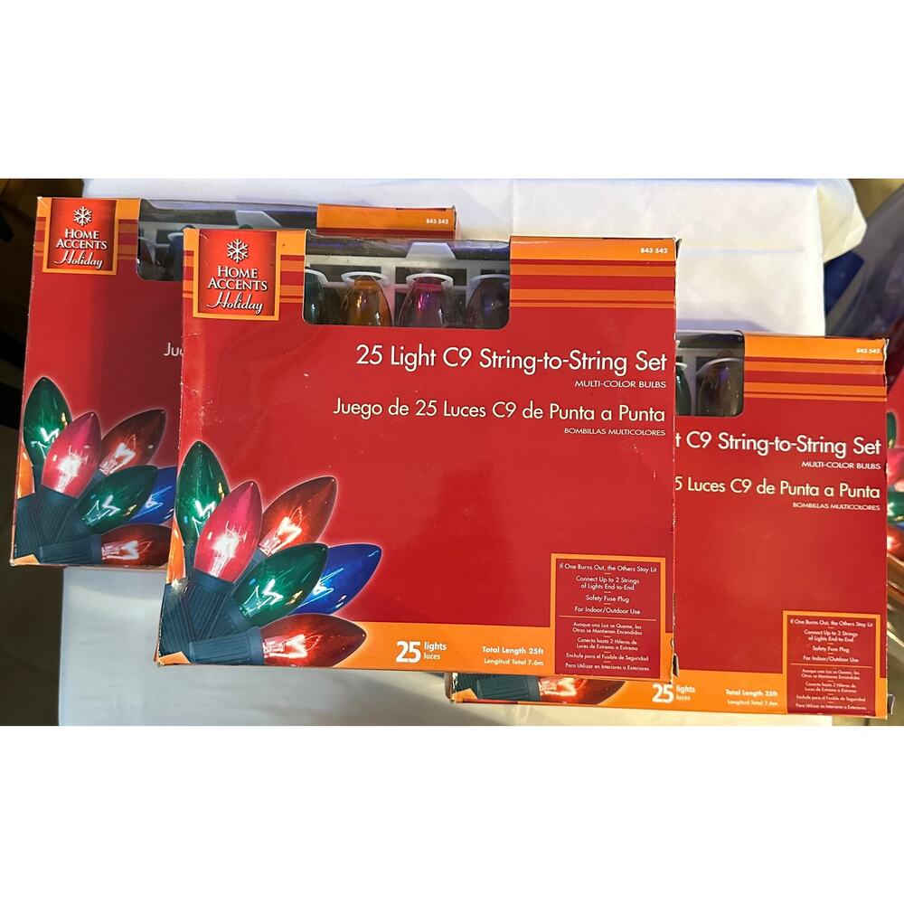Home Accents Holiday Christmas Lights 25 Count‎ C9 Strand Set 25ft Set of 3